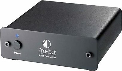 Pro-Ject Amp Box Mono forstærker, sort, rektangulært mat kabinet, front med logo, drejeknap og jackstik