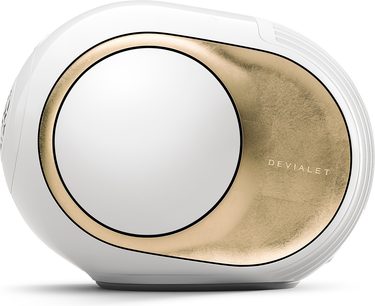 Bezdrátový chytrý reproduktor Devialet Phantom II 98 dB Opéra de Paris, zlatý povrch, pohled zepředu, oválný tvar, bílá mřížka