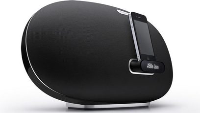 Trådløs, tilsluttet Denon Cocoon DSD-500 højttaler i sort, set forfra, oval form, sort gitter, LCD-skærm, sølvfarvet base