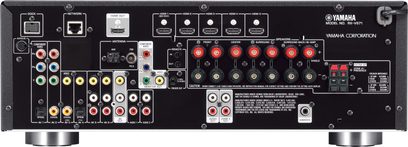 Yamaha RX-V671 titan hjemmebiograf-forstærker, frontpanel, frontvisning, audio/video-tilslutninger, knapper og drejeknapper til justering