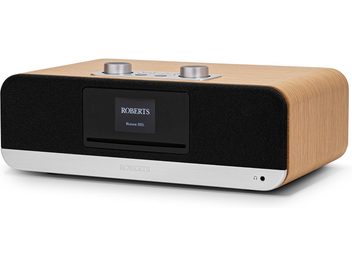 Roberts Blutune 300 bordradio kirsebær lyst træhus sort front centralt display sølv aluminiumssokkel