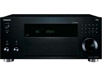 Onkyo TX-RZ1100 sort hjemmebiografsforstærker, set forfra, grøn "DTS:X"-skærm, sølvfarvede knapper og drejeknapper