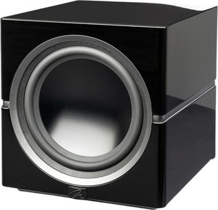 Dynamo 12 subwoofer i sort højglans med kubisk kabinet, skinnende overflade og sølvfarvet, cirkulær højttaler på fronten