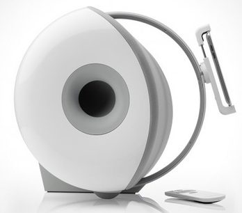 NAD VISO ONE hvid multimediehøjttaler, set forfra, cylindrisk buet form, centralt rundt sort højttaler