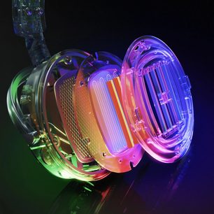 Trådløse hifi-hovedtelefoner Audeze Maxwell Xbox Wasabi, eksploderet visning, farvede interne komponenter, gennemsigtig struktur, sort baggrund