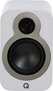Q Acoustics 3020c white bookshelf speaker, rectangular MDF cabinet with rounded corners, two circular speakers with grey trim and Q logo at the bottom, front view