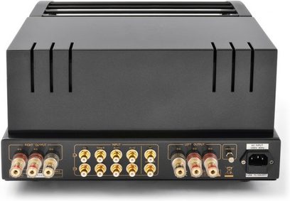 Hi-fi stereo zesilovač PrimaLuna ProLogue Premium EL-34 černý, pohled zepředu. Obdélníková černá skříň s osmi zlatými elektronkami v řadě