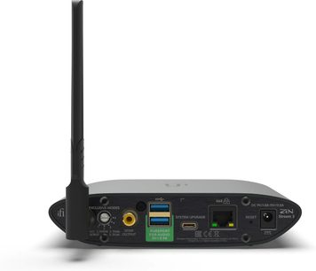 iFi Audio Zen Stream 3 nätverksspelare sedd bakifrån, med wifi-antenn samt USB-, Ethernet- och SPDIF-anslutningar och strömförsörjning