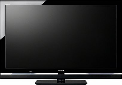 Sony KDL-52V5500 52 tommer fladskærms-TV sort forfra slukket på sort rektangulært stativ
