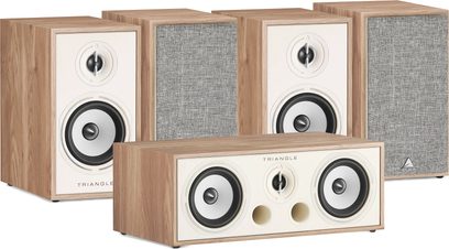 Set of 5 Triangle Borea BR02 bookshelf speakers in light oak finish, with black and white speaker drivers
