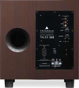 Trianglov Tales 340 orehov subwoofer, sprednji in zadnji pogled, črna sprednja plošča z zvočnikom, nadzorna plošča na zadnji strani