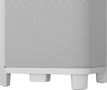 Altavoz Bluetooth portátil Sonoro Vibes XL blanco, rejilla de tela clara, vista en diagonal de la parte inferior y las patas