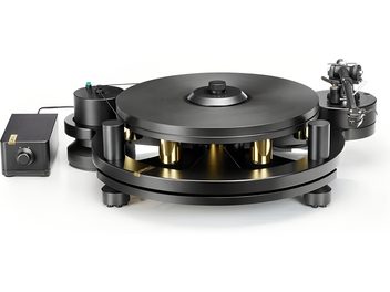 Michell Engineering GYRO-skivspelare i matt svart metall, gulddetaljer, extern remdriven motor och tonarm