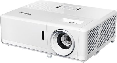 Projetor Optoma UHZ45 branco, vista frontal de três quartos, lente deslocada para a direita, grelhas de ventilação laterais