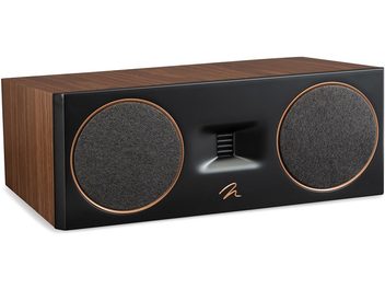 Cassa centrale Motion C10 noce con due griglie circolari nere, un pannello frontale nero e lati in legno finitura noce