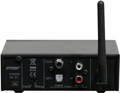 Advance Paris WTX-1000 trådløs sender, sort, set forfra, med koaksial-, optisk- og RCA-stik, antenne og rød LED