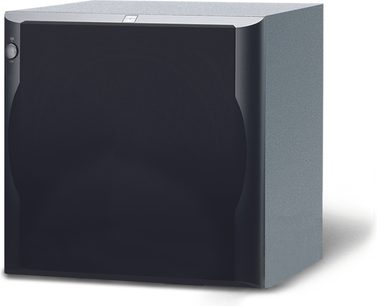 Jamo D6SUB sort subwoofer, set forfra, kubisk form, sort front, sølvfarvet logo øverst til venstre