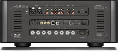 Ampli hi-fi stéréo Rotel Michi X5 noir, vue de face, connectiques et commandes en façade