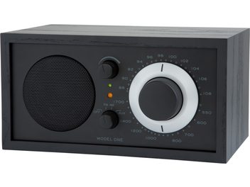 Radio Tivoli Model One in legno nero, vista frontale, grande quadrante grigio chiaro, altoparlante a sinistra, due pulsanti, spie luminose