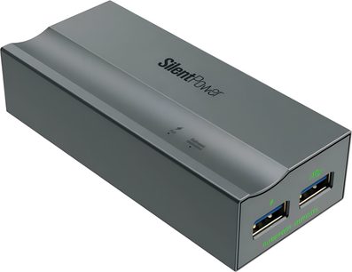 iFi Audio USB iPurifier Pro USB-konditioner, grå aluminiumskasse, to USB-A porte på forsiden, trekvartsvisning