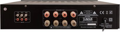 Hi-fi stereo forstærker Taga Harmony TA-250MIC v2, bagside, RCA-stik, højttalerterminaler, advarselsmærkater