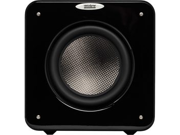 Subwoofer Velodyne MicroVee X negro lacado vista frontal con altavoz central de motivo cuadriculado oscuro