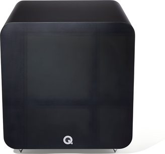 Q Acoustics Q SUB120 black subwoofer, cube-shaped enclosure with rounded corners in a matte finish, front panel covered with acoustic fabric, circular logo at the bottom, and small metal feet, front view