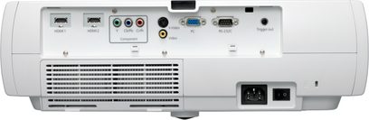 Epson EH-TW4400 hvid videoprojektor, set forfra, med HDMI-, VGA-, komponent-, RS-232C-, trigger out- og PC-tilslutninger