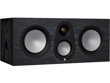 Monitor Audio Silver C250 7G central speaker, black oak, 3 black circular speakers on dark wood enclosure, front view
