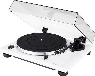 Thorens TD 201 skivspelare i vit lack, glänsande vitt chassi, svart tallrik och tonarm, transparent lock