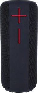 Bluetooth-højttaler Yourban Getone 30, set forfra, cylindrisk form, sort overflade, røde knapper i kryds, netstruktur