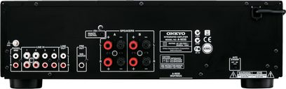 Hi-fi stereo zesilovač Onkyo A-9030 černý. Zadní panel s RCA audio konektory, výstupy na reproduktory a napájecí zásuvkou. Pohled shora
