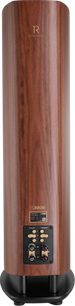Altavoz de columna Canton Reference 7 en nogal, vista trasera, caja de madera marrón con panel de conexiones negro y conectores dorados