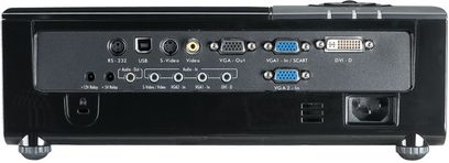 Optoma EP761 sort videoprojektor, bagside, varieret audio-video-tilslutning, VGA-, DVI-D-, RS-232-, S-Video- og composite video-porte