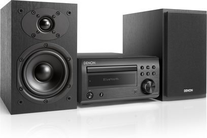 Denon D-M41DAB mini hi-fi-anlæg i sort/sort, bestående af en CD-afspiller, Bluetooth-modtager og to højttalere