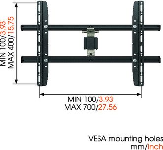 Nástěnný držák na TV Vogel's Wall 1325 černý, kovový, pohled zepředu, minimální rozměry 100/3,93 a maximální 700/27,56 mm/palec