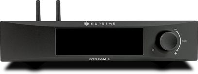 Czarny odtwarzacz sieciowy Nuprime Stream 9, widok z przodu, obrotny przycisk po prawej stronie, 2 pionowe anteny Wi-Fi na górze