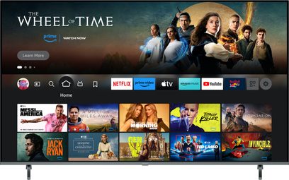 Panasonic TV-65W95AEG højdefinitionsfjernsyn, set forfra, viser streamingapplikationer og multimedieindhold
