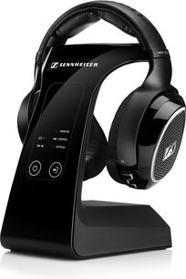 Åbent Sennheiser RS 220 hi-fi hovedsæt i sort, trekvart venstre frontvisning på stander, ovale ørekopper, metalriste