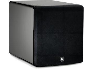 JL Audio Fathom F110 V2 siyah cilalı subwoofer, ön görünüm, küp şeklinde, siyah ızgara, gümüş renkli logo