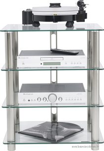Norstone Design Epur 4 hi-fi møbel i glas og metal, 3 hylder, pladespiller på øverste hylde, 2 lydenheder på hylderne