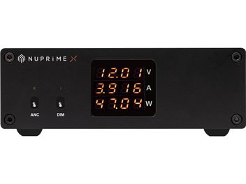 Alimentatore Hi-Fi NuPrime SiGa Power75 nero, pannello frontale con display arancione di tensione corrente potenza e pulsanti ANC DIM
