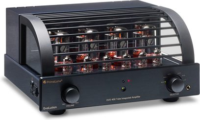 PrimaLuna Evo 400 integreret sort rørforstærker, frontvisning, 8 rør øverst, frontpanel med knapper og vælger