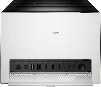 Valerion StreamMaster Plus 2 matte white plastic projector, rear view, rectangular housing with rounded corners featuring a black ventilation grille on top and a recessed black connection panel including DC socket, S/PDIF, blue USB 3.0, USB 2.0, three HDMI ports, mini-jack audio, LAN port, and a circular power button protected by a lowered translucent cover