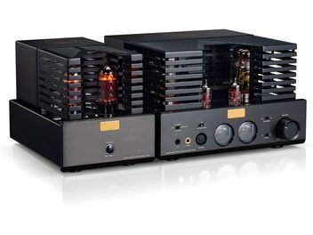 Kopfhörerverstärker Cayin HA-6A MK2 in gebürstetem schwarzem Metall, Doppelchassis mit Röhren unter Gittern, VU-Meter, Dreiviertelansicht