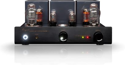 Amplificador integrado estéreo a válvulas Cayin CS-300A preto em metal escovado, vista frontal, painel retangular com um grande botão de volume central retroiluminado, botão de alimentação luminoso e entrada para fones de ouvido à esquerda, indicadores luminosos verdes e vermelhos à direita, parte superior equipada com várias válvulas cilíndricas incandescentes