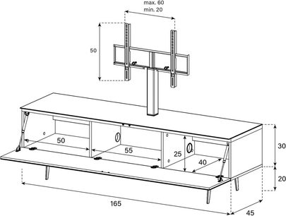 Dessin technique monochrome du meuble audio-vidéo Sonorous STA363, structure en panneaux pleins montée sur quatre pieds métalliques fins, porte frontale basculante couvrant trois compartiments internes avec passe-câbles, support TV vertical central, vue de trois-quarts avant