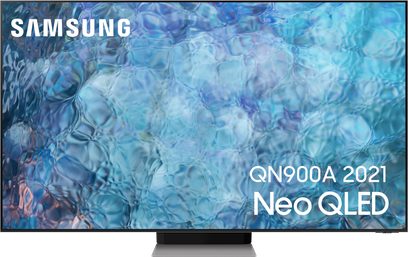 Plochý televizor Samsung QN900A 2021 Neo QLED zobrazující abstraktní obraz v modrých a fialových tónech