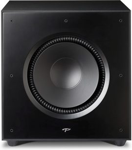 Paradigm Defiance X15 sort satineret subwoofer, frontvisning, central rund højttaler i en mat sort kubisk kabinet