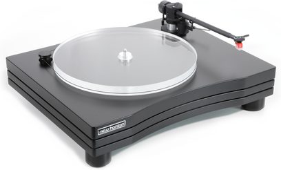 New Horizon 203 sort pladespiller, gennemsigtig rund plade, sort tonarm, blank rektangulær sort base